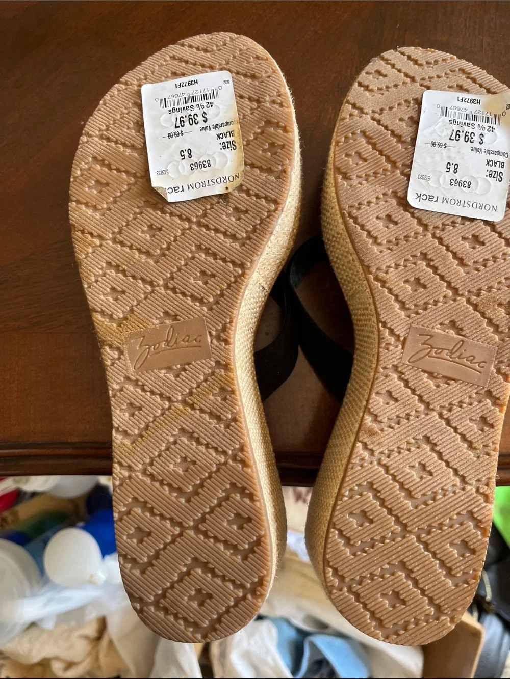 Zodiac Black and Tan Espadrille Wedge Thong